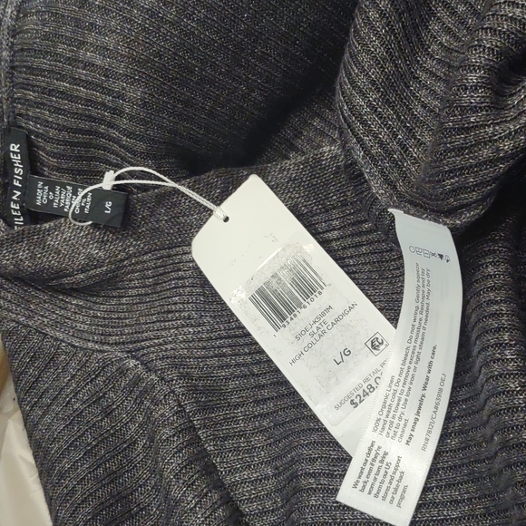 Eileen Fisher organic linen gray Slate open cardigan hand pocket sweater knit L - Picture 8 of 8